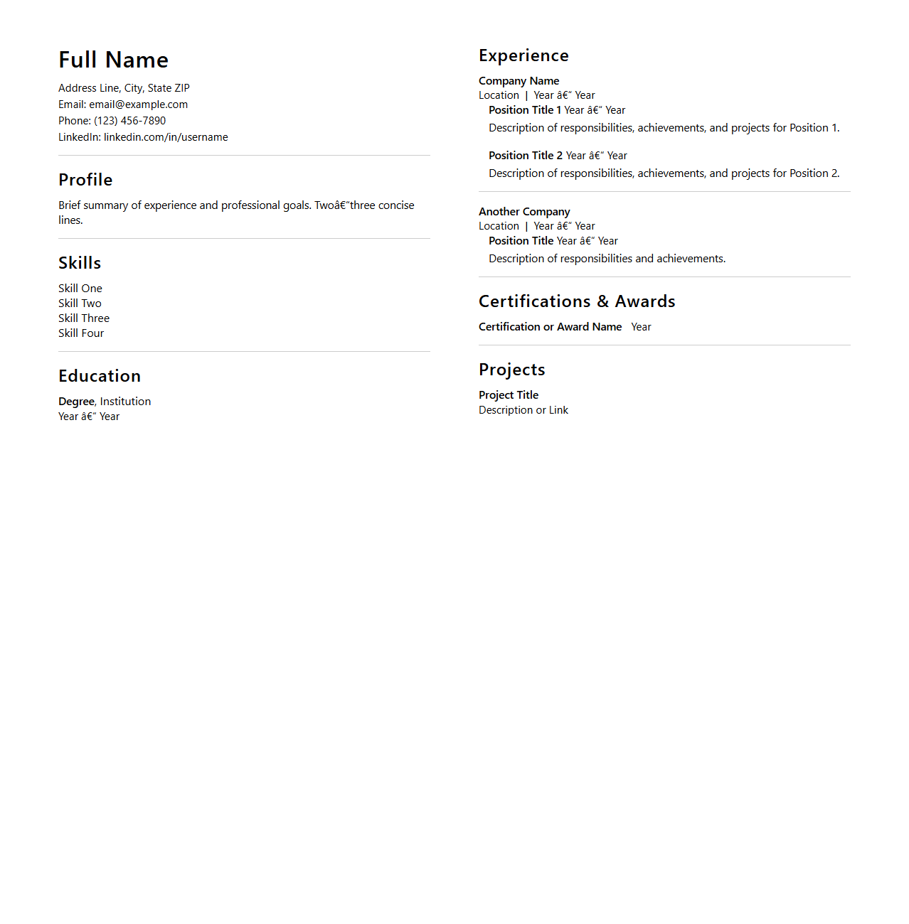 Bi-Fold Resume Template for Resume with Multiple Positions