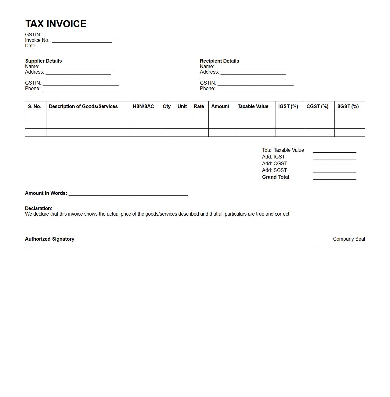 Blank A4 Tax Invoice Template for GST Regulations