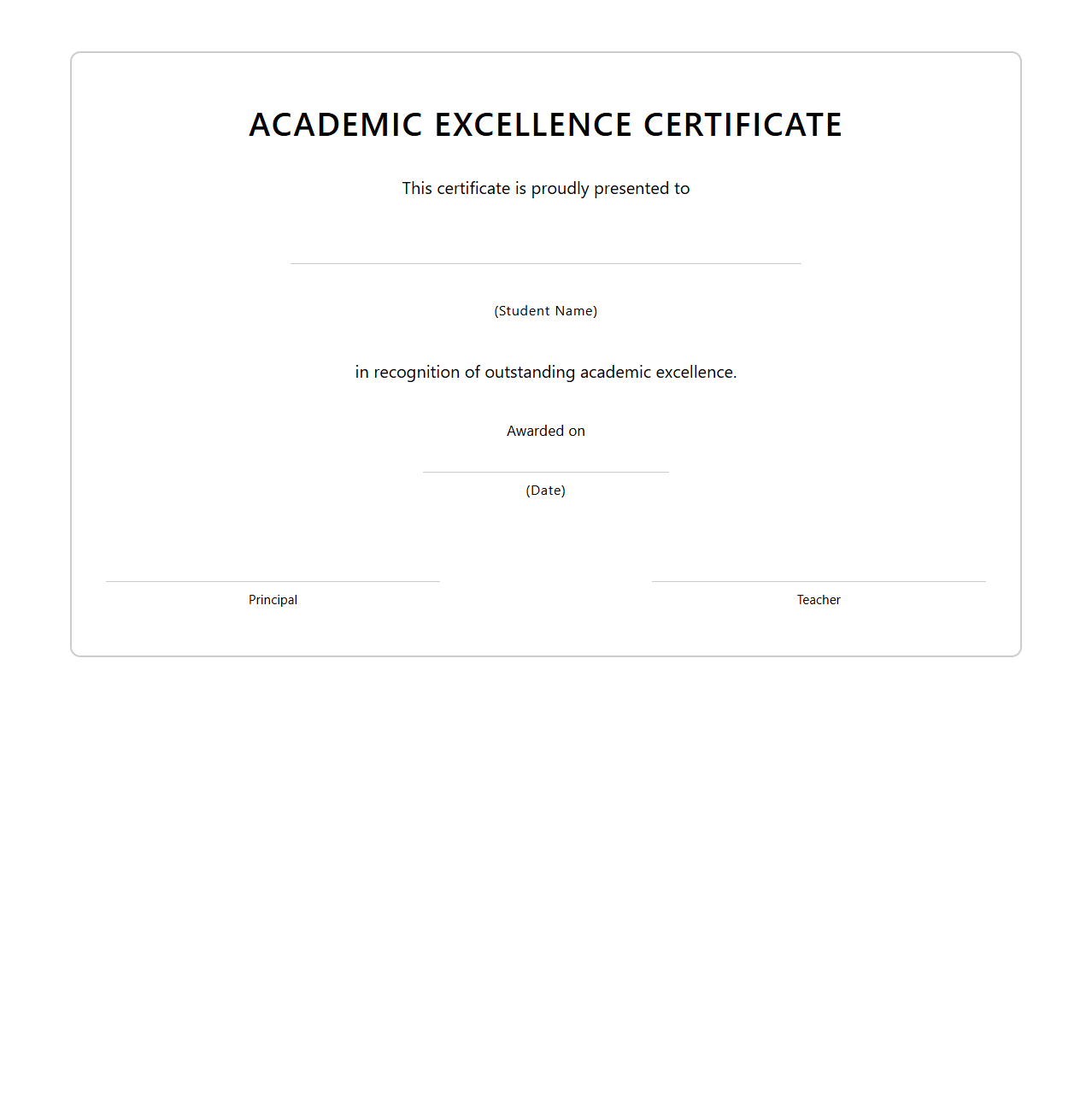 Blank Academic Excellence Certificate Template for Students