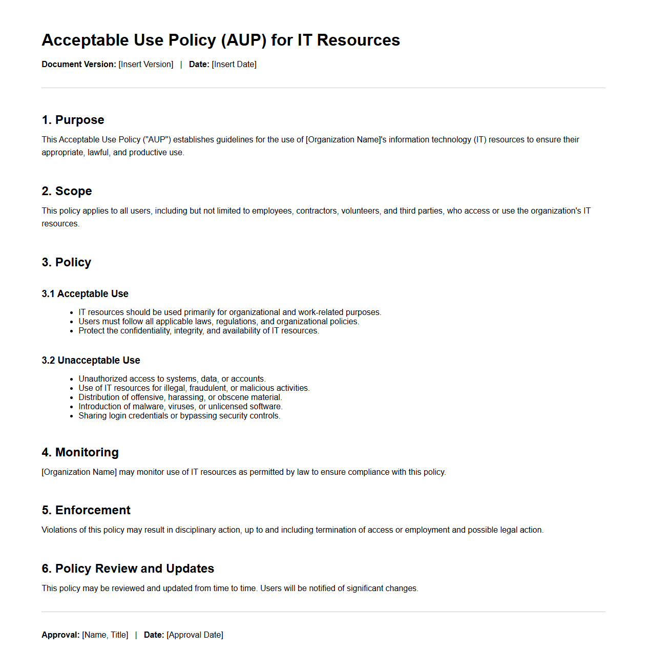Blank Acceptable Use Policy Template for IT Resources
