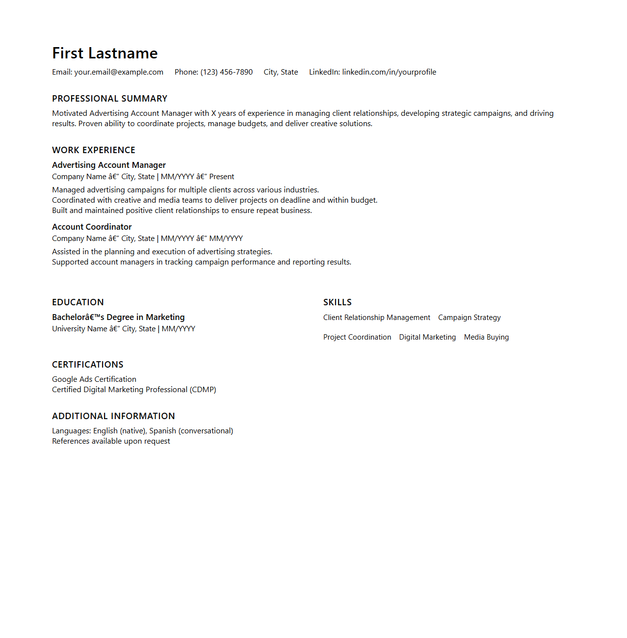 Blank Advertising Account Manager Resume Template