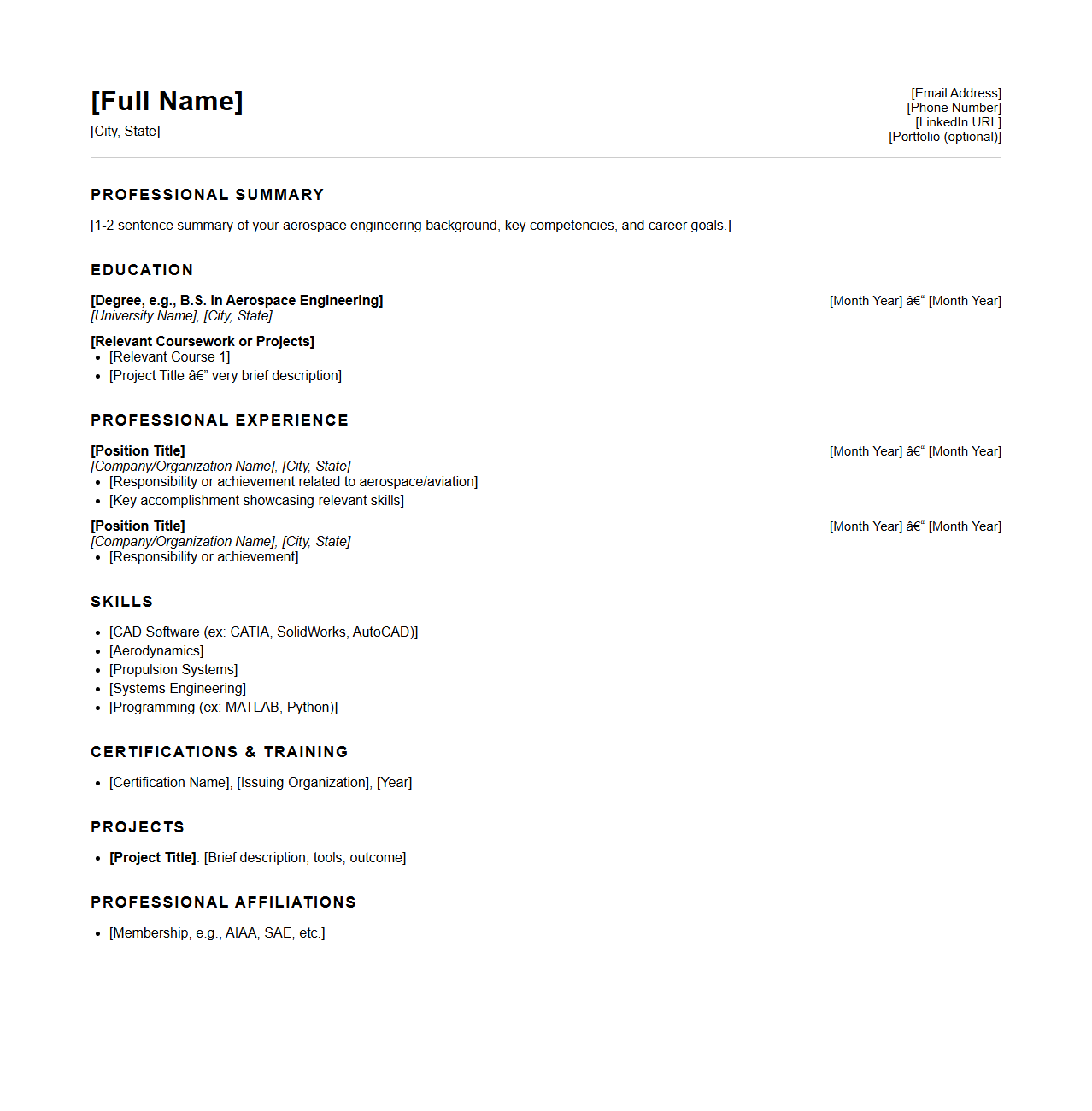 Blank Aerospace Engineering Resume Structure for Aviation Careers