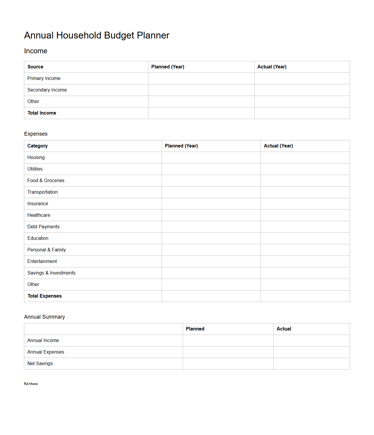 Blank Annual Household Budget Planner for Expense Tracking