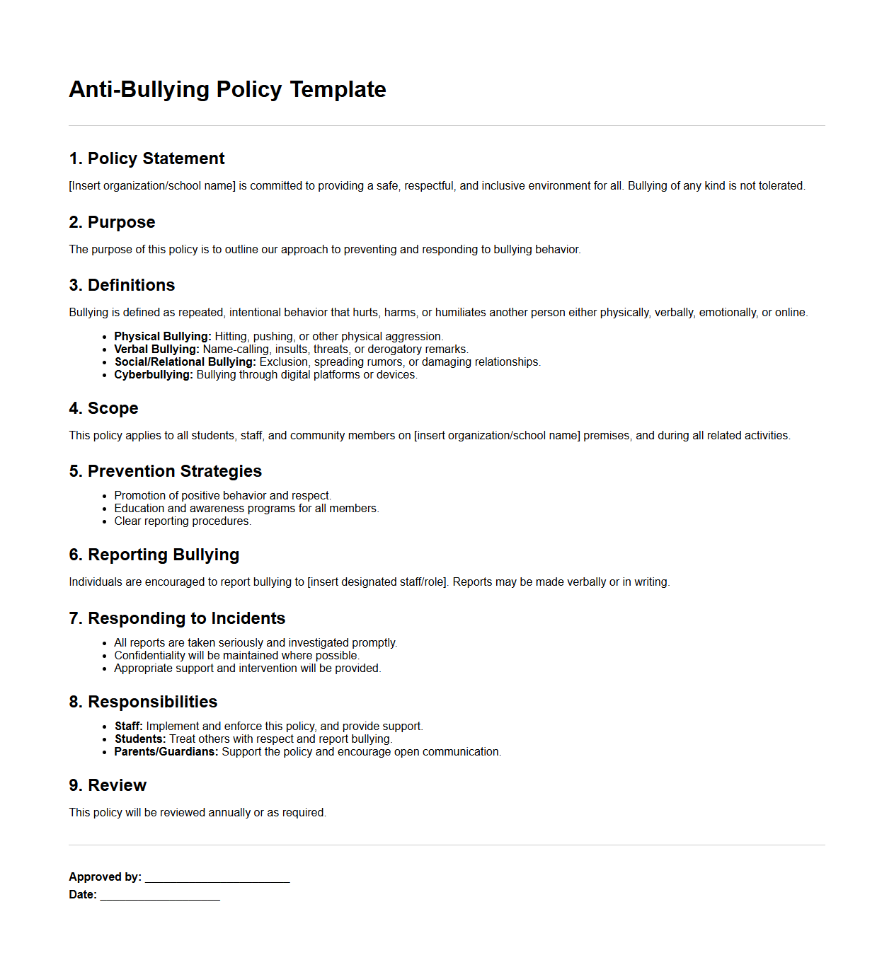 Blank Anti-Bullying Policy Template