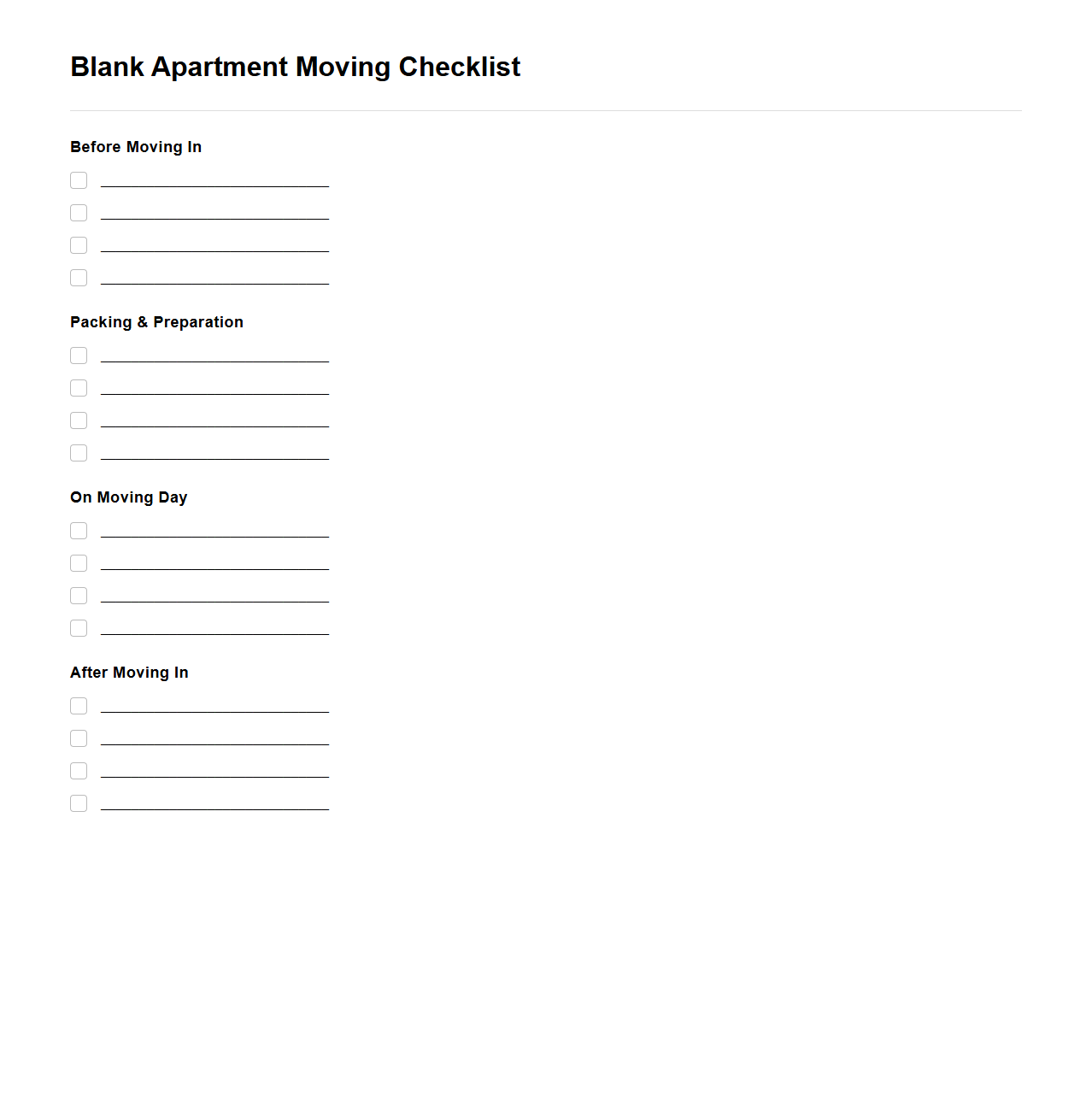 Blank Apartment Moving Checklist Template