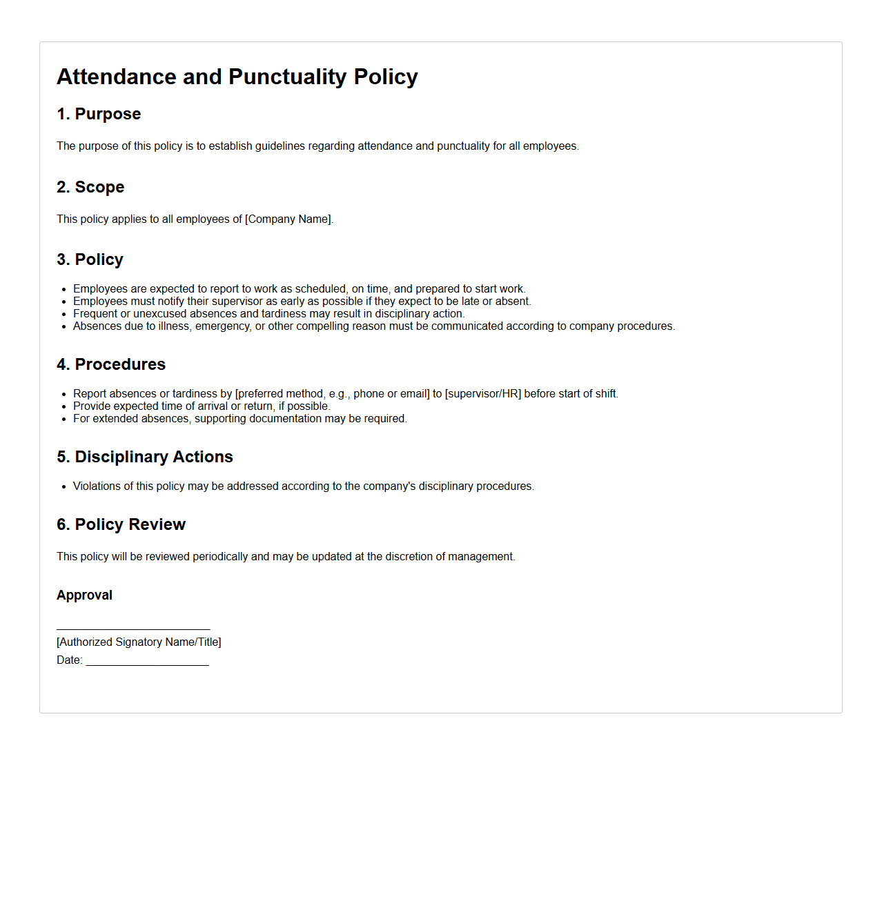 Blank Attendance and Punctuality Policy Document