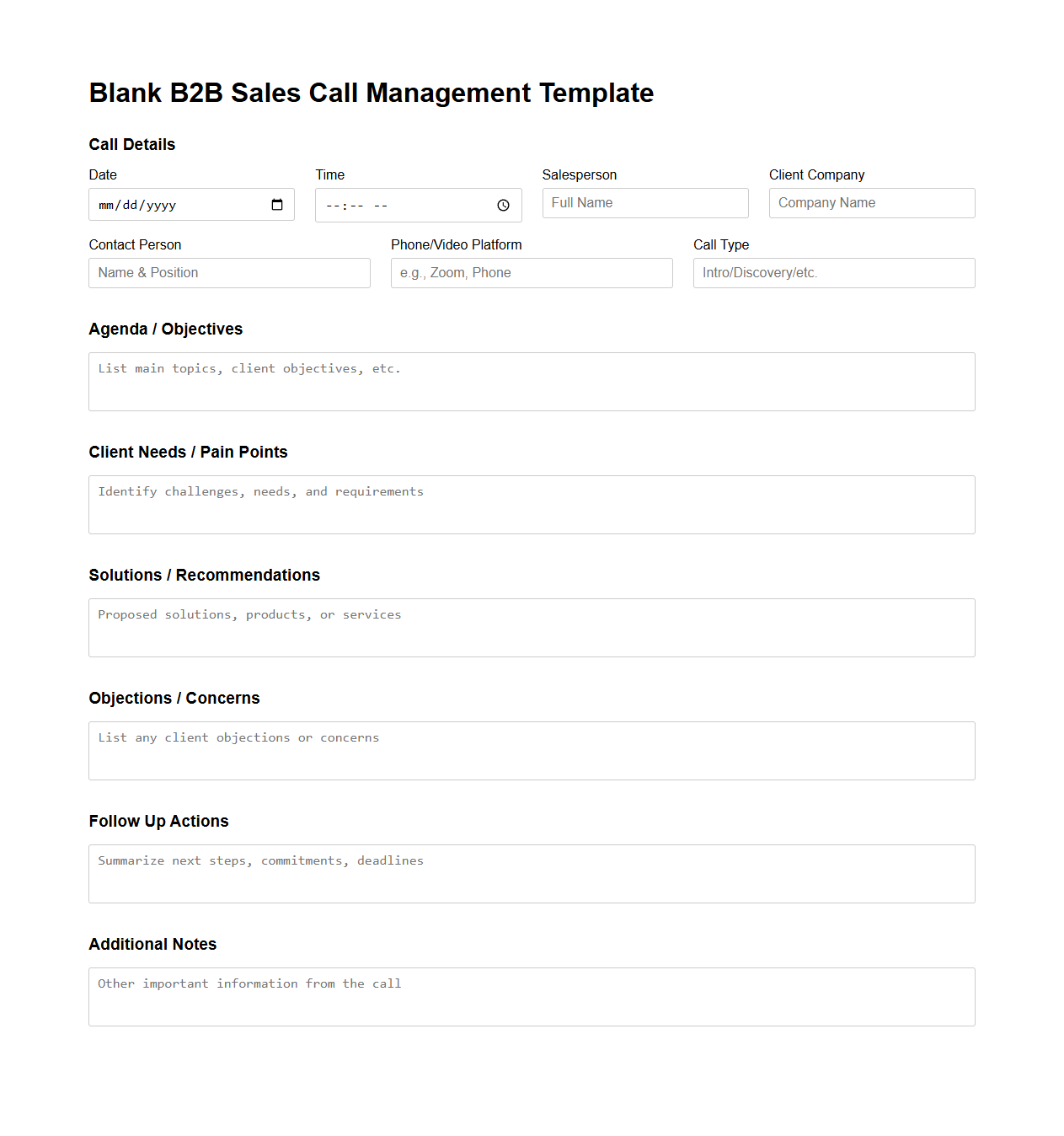 Blank B2B Sales Call Management Template