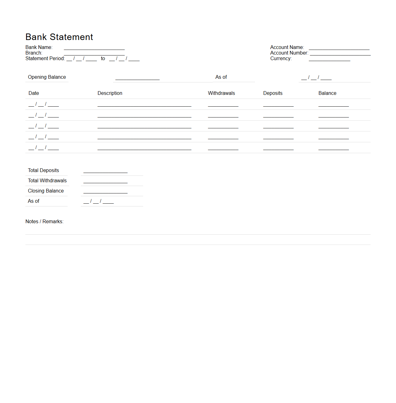 Blank Bank Statement Template for Financial Reconciliation