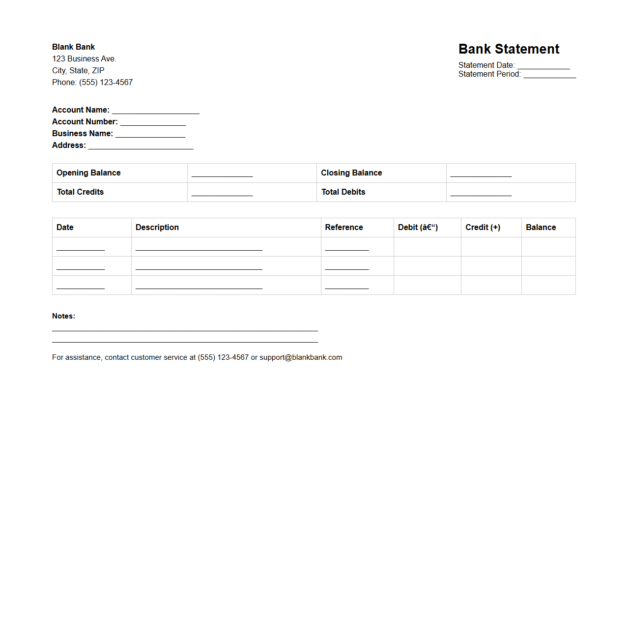 Blank Bank Statement Template for Small Business Accounts
