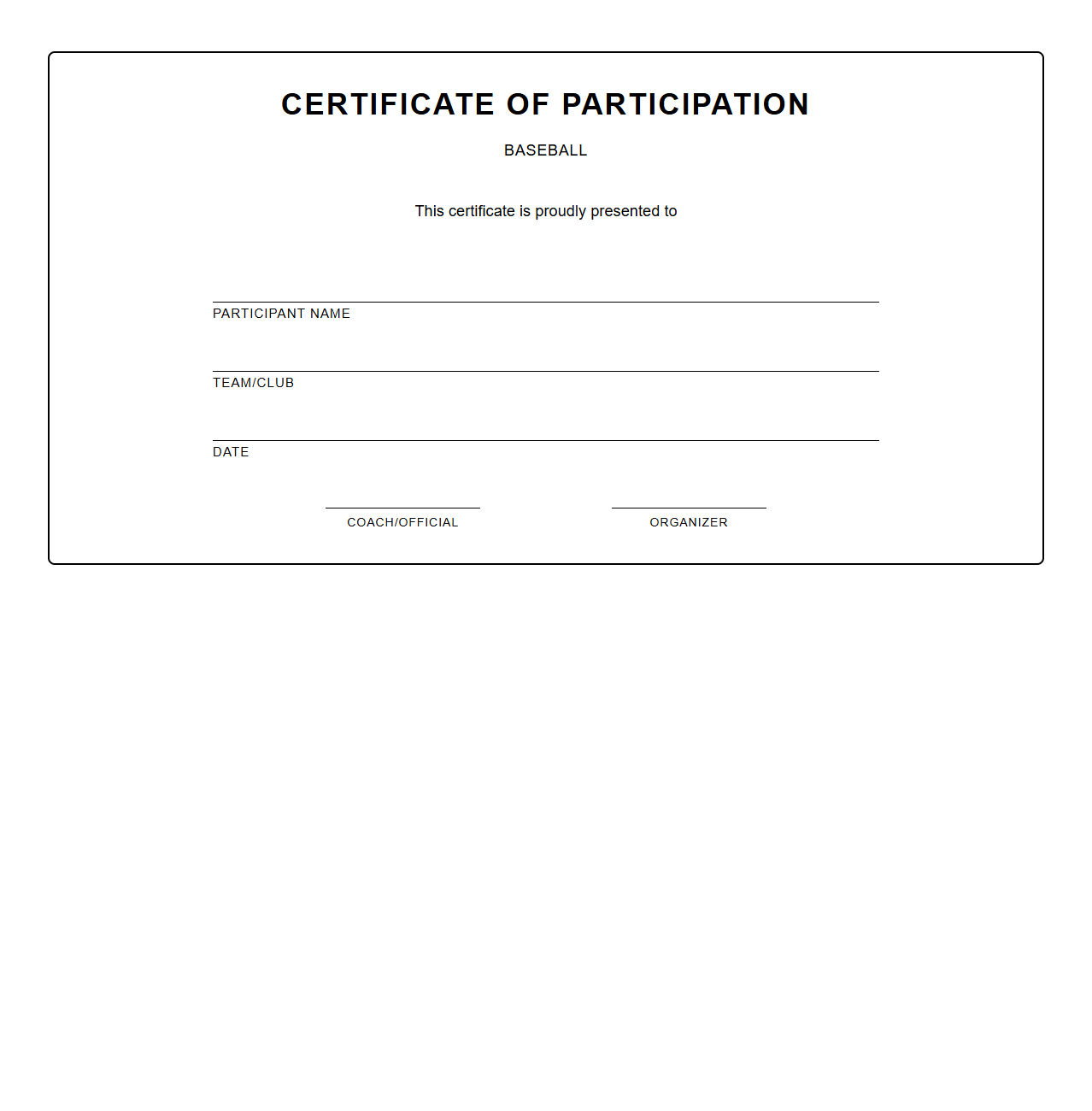 Blank Baseball Participation Certificate Template