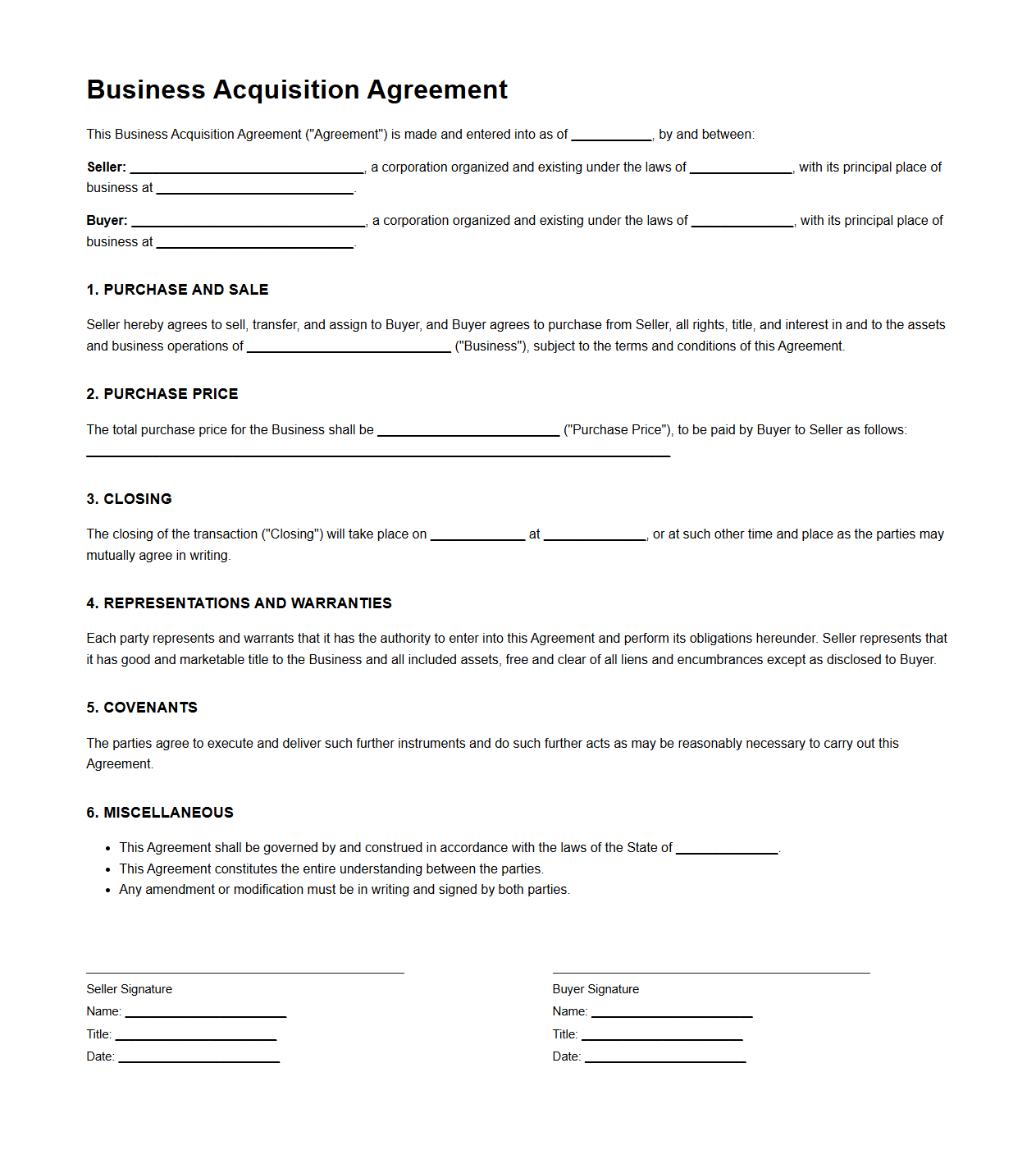 Blank Business Acquisition Agreement Sample for Corporate Transfers