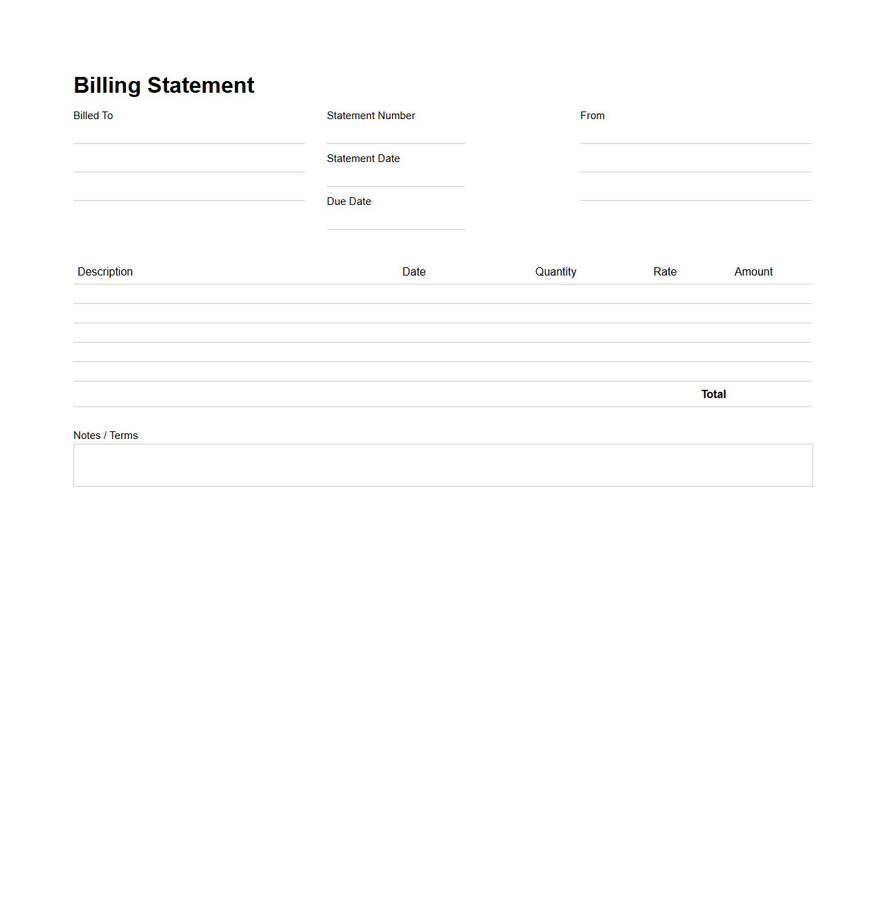 Blank Business Billing Statement Sheet