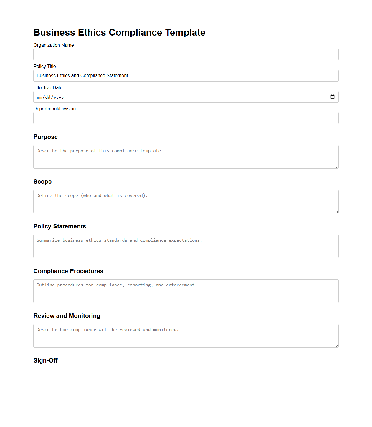 Blank Business Ethics Compliance Template
