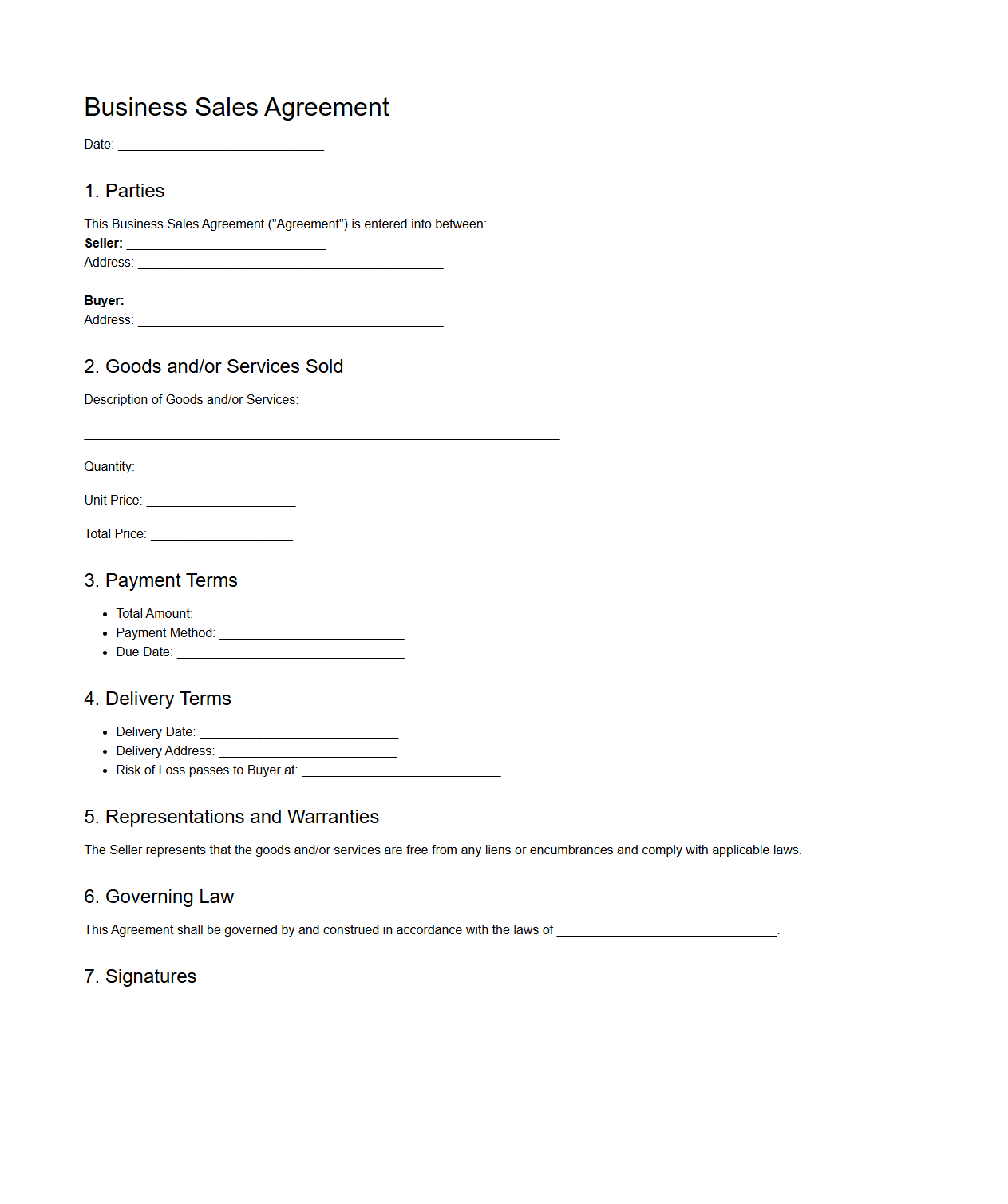 Blank Business Sales Agreement Format for Goods and Services