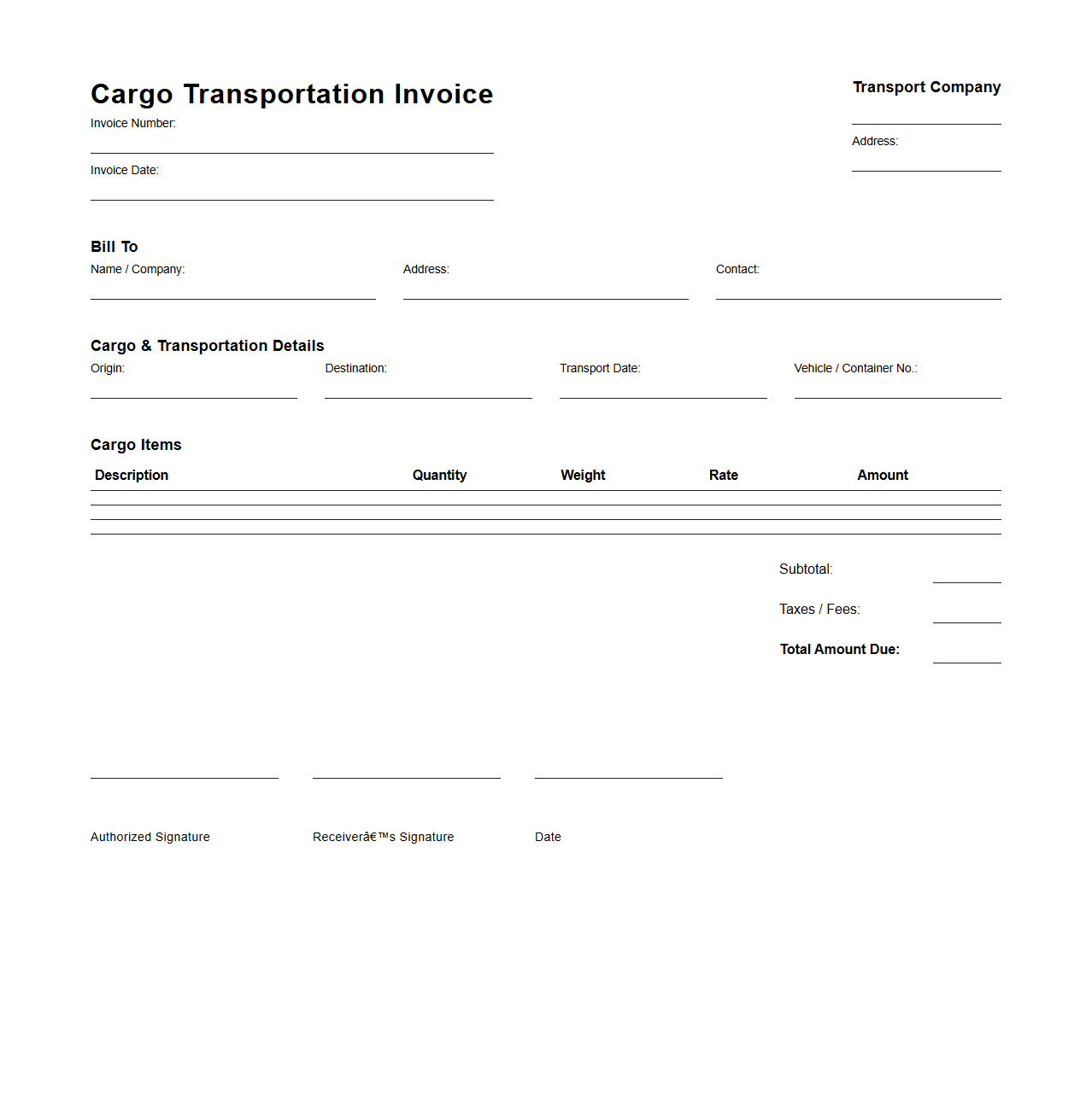 Blank Cargo Transportation Invoice Template