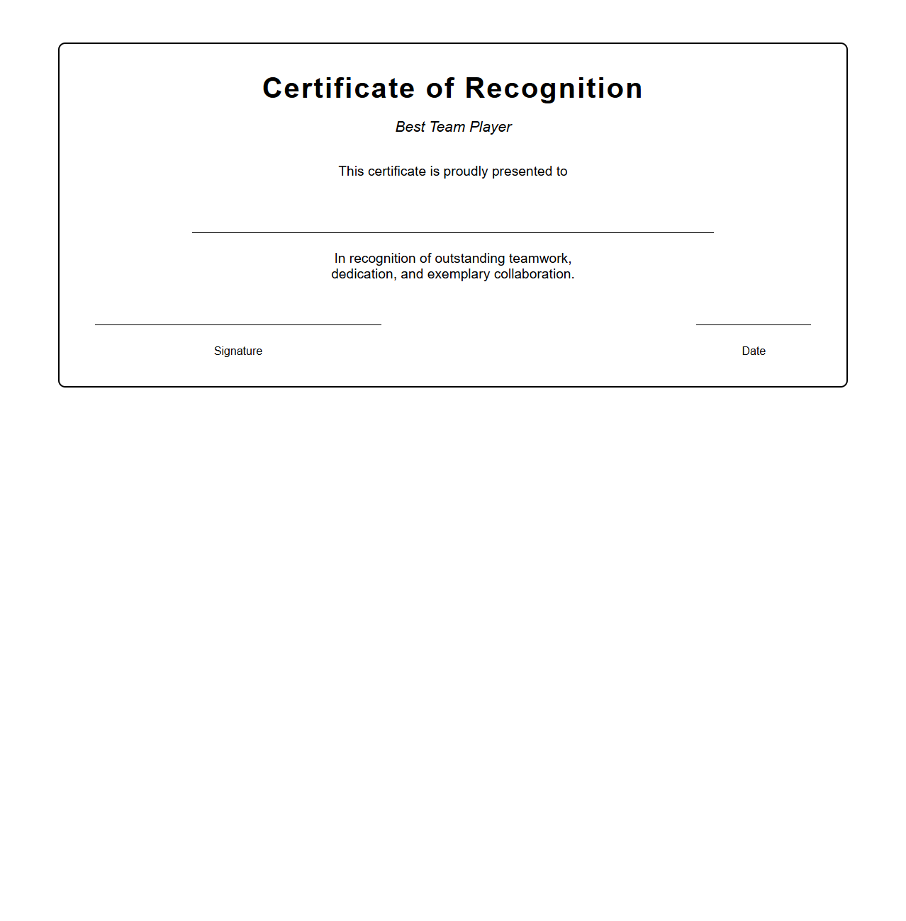 Blank Certificate Template for Best Team Player