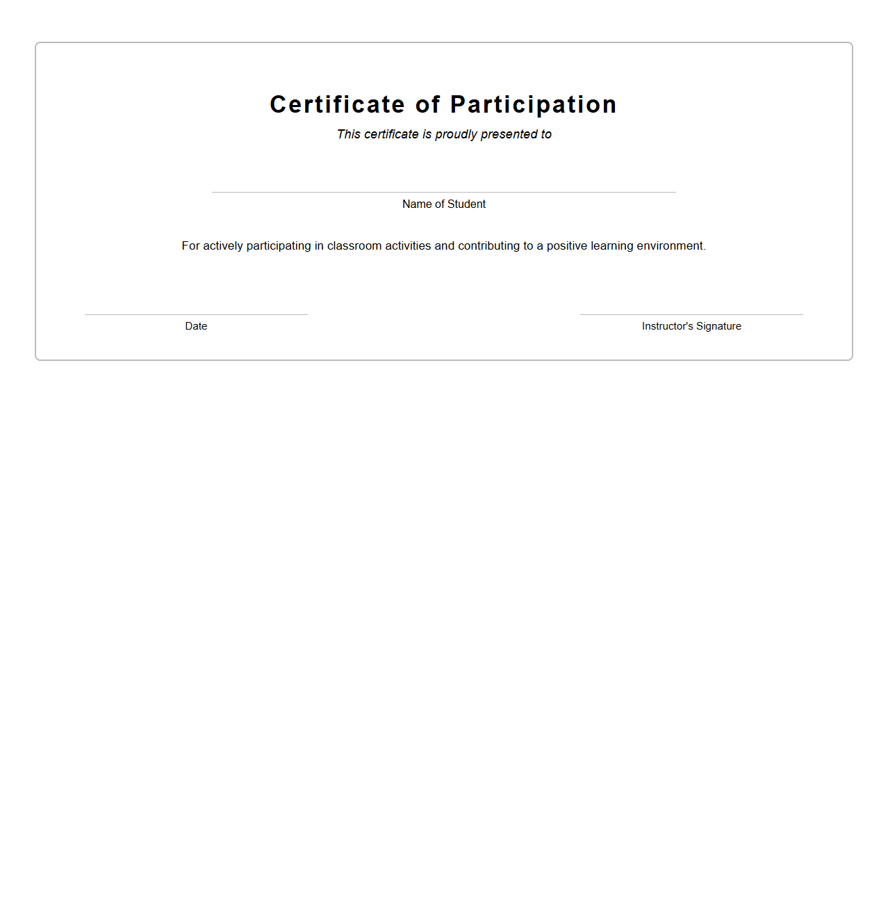 Blank Certificate Template for Classroom Participation