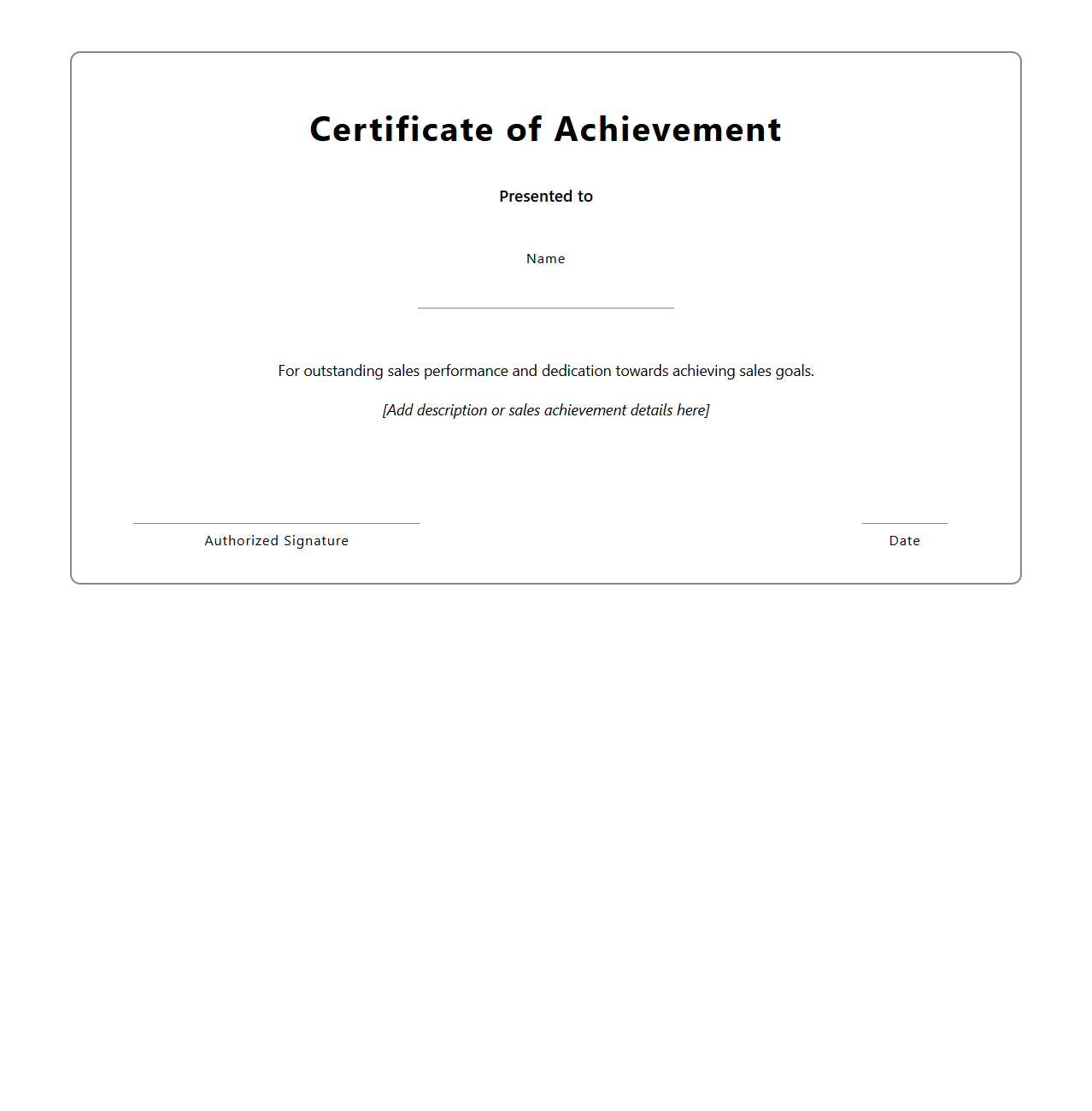 Blank Certificate Template for Sales Achievement