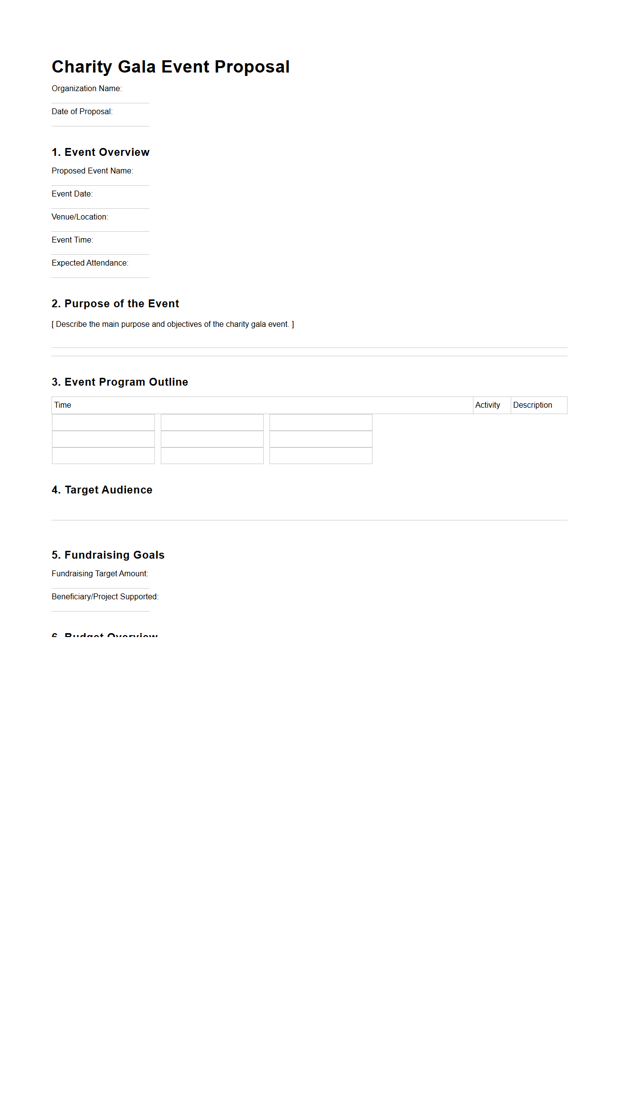 Blank Charity Gala Event Proposal Template