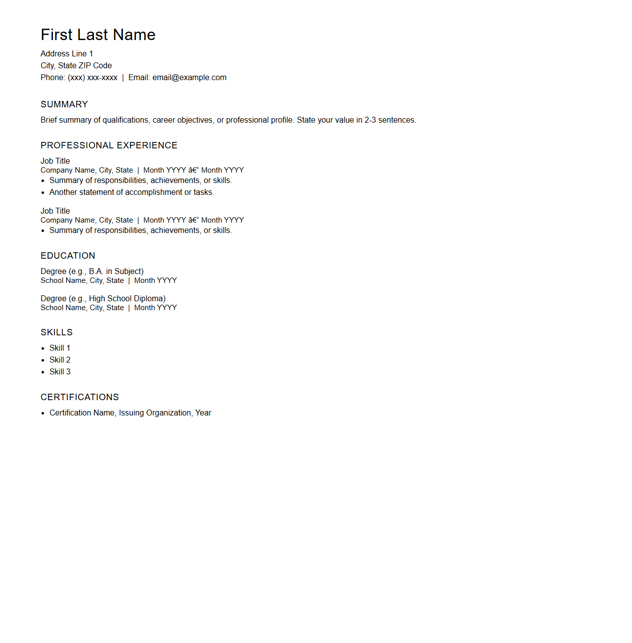 Blank Chronological Resume Sample