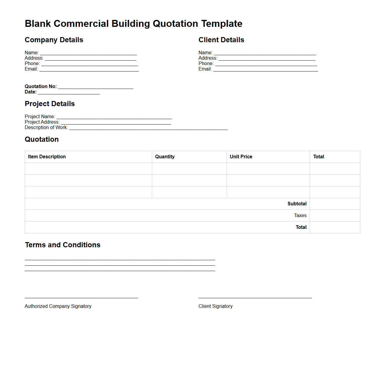 Blank Commercial Building Quotation Template
