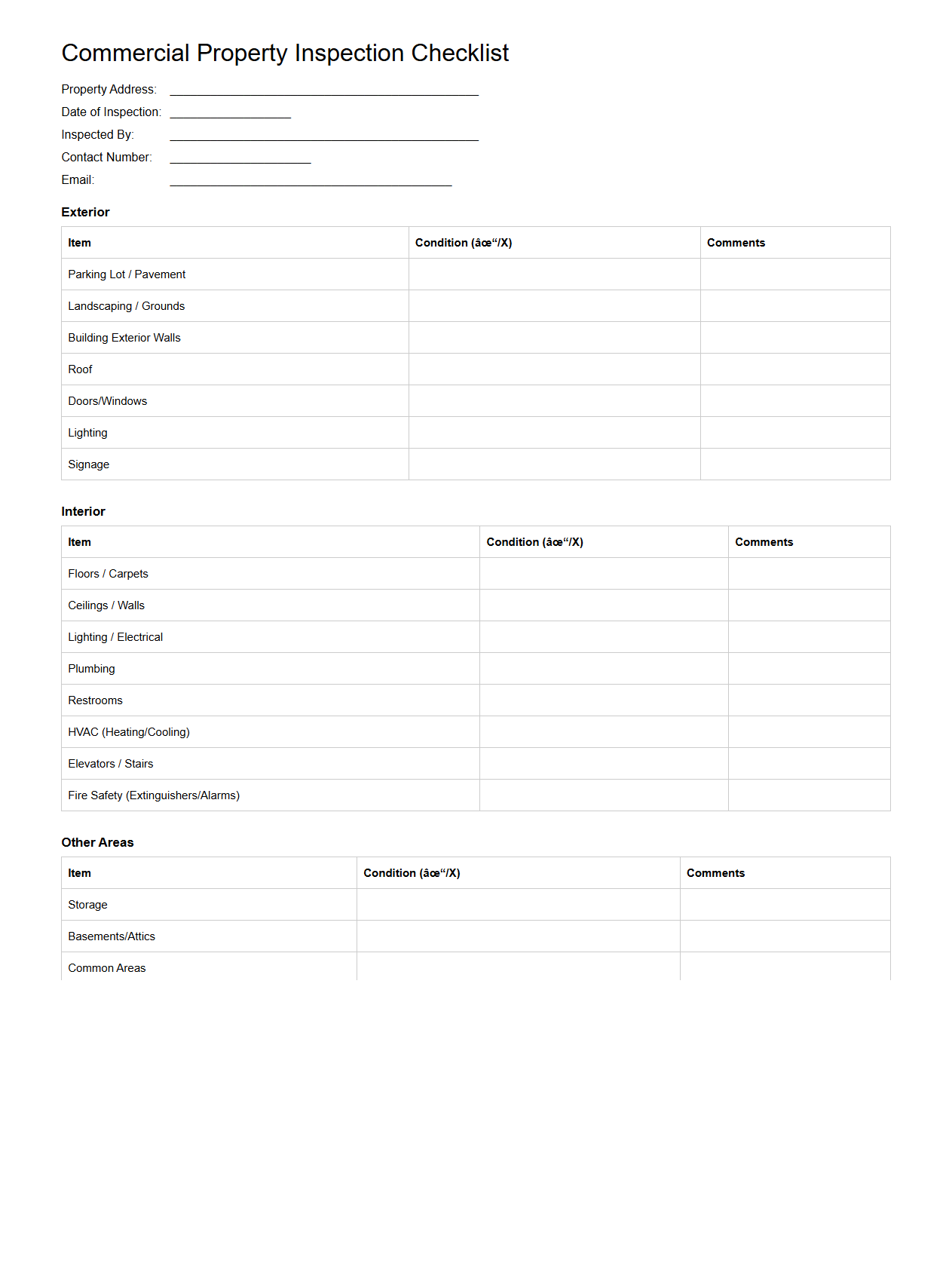 Blank Commercial Property Inspection Checklist Template