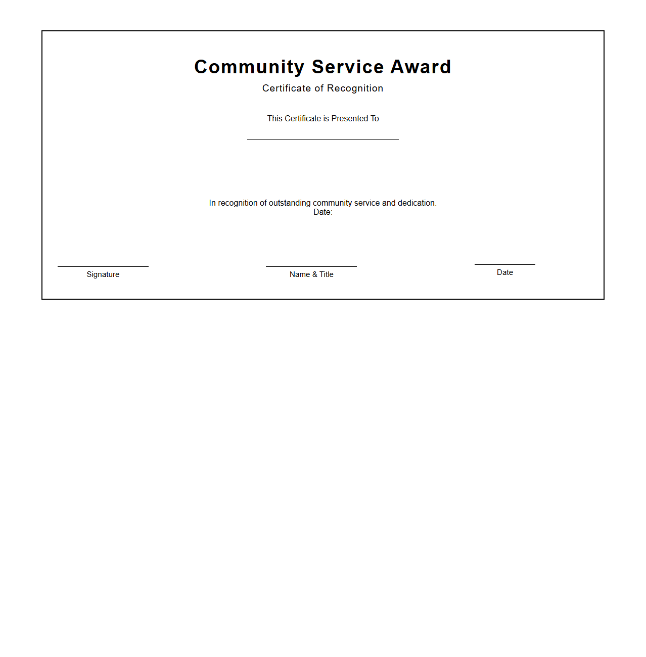 Blank Community Service Award Certificate Template