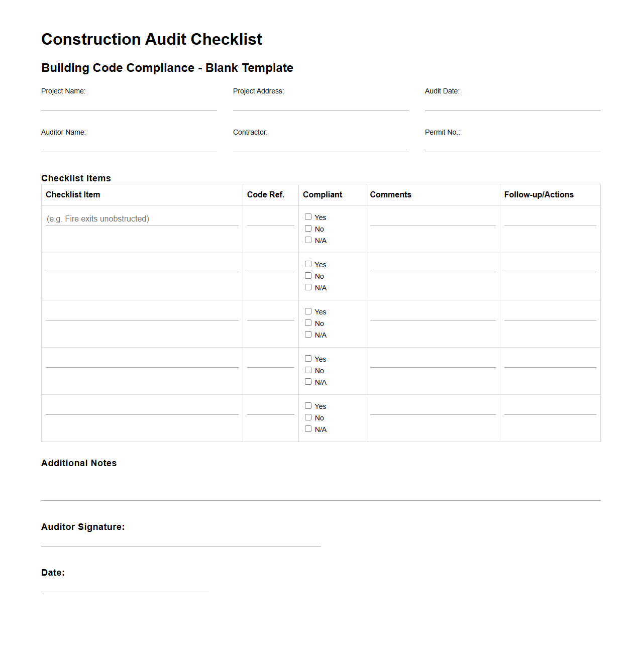 Blank Construction Audit Checklist Template for Building Code Compliance
