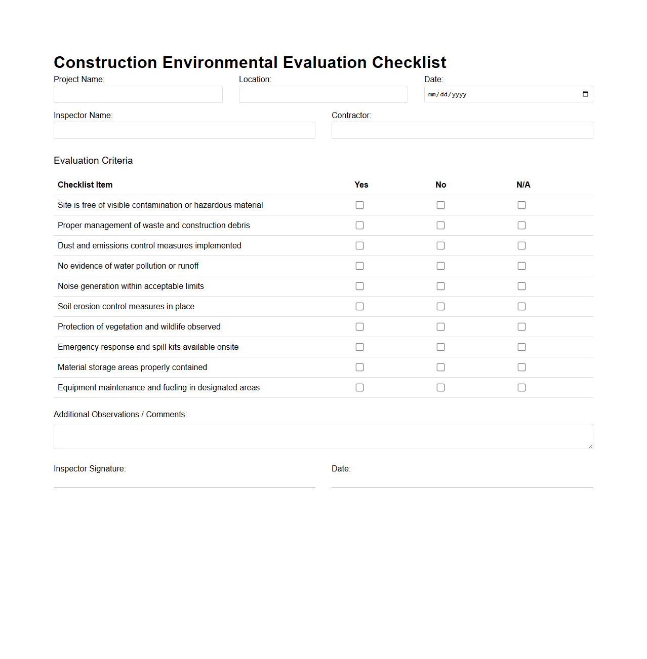 Blank Construction Environmental Evaluation Checklist