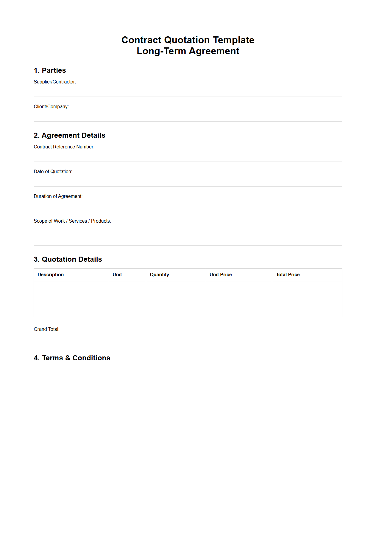 Blank Contract Quotation Template for Long-Term Agreements