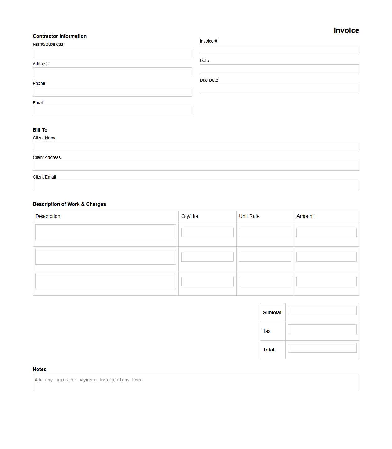Blank Contractor Billing Invoice Template