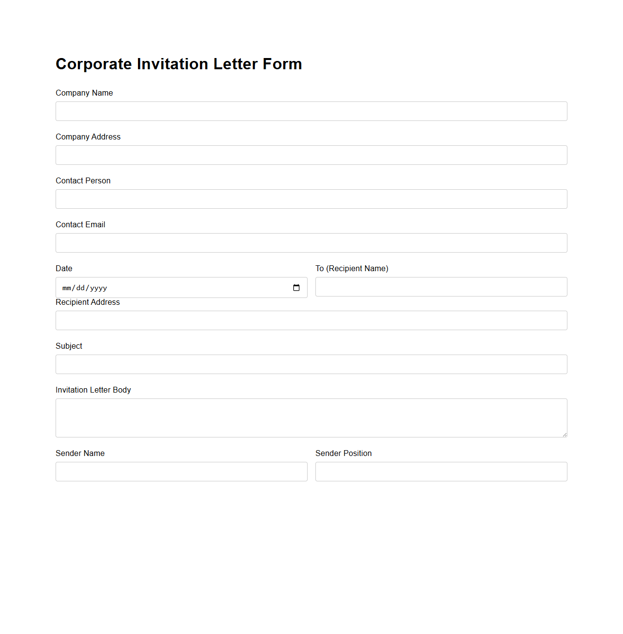Blank Corporate Invitation Letter Form