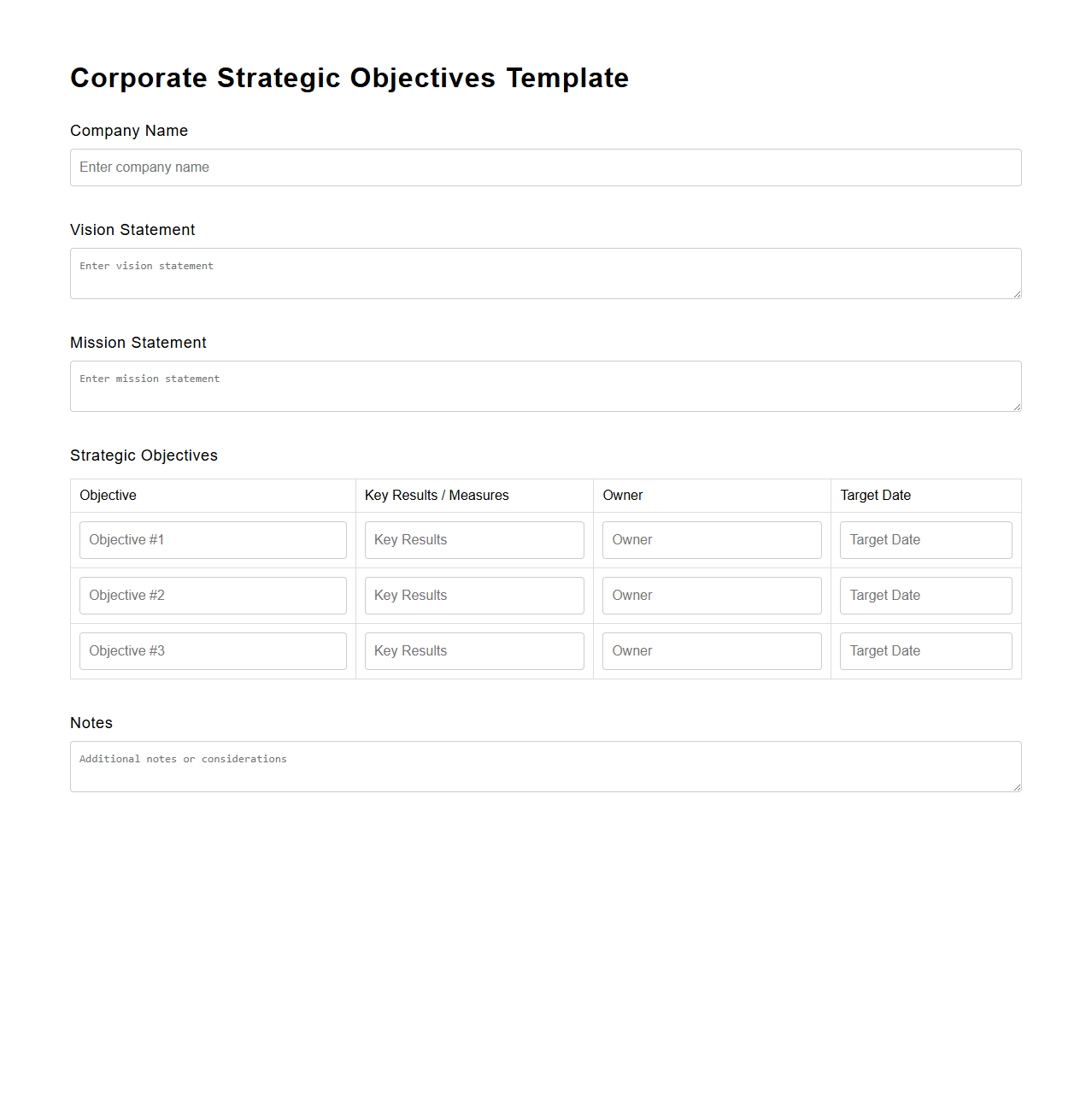 Blank Corporate Strategic Objectives Template