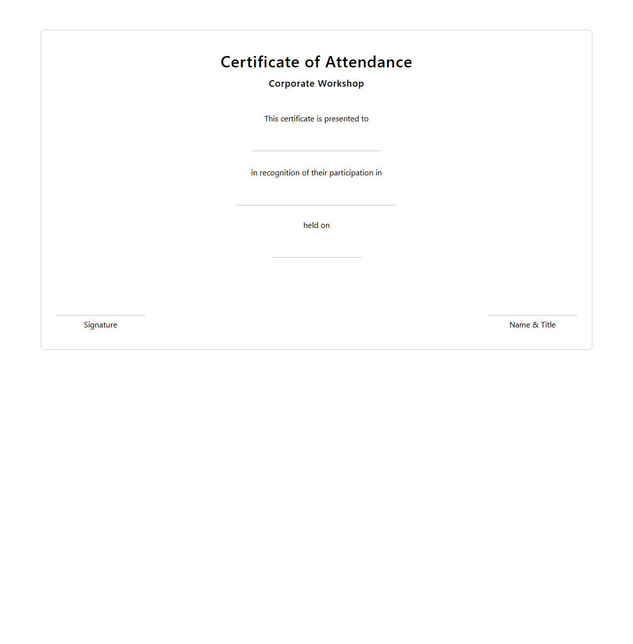Blank Corporate Workshop Attendance Certificate