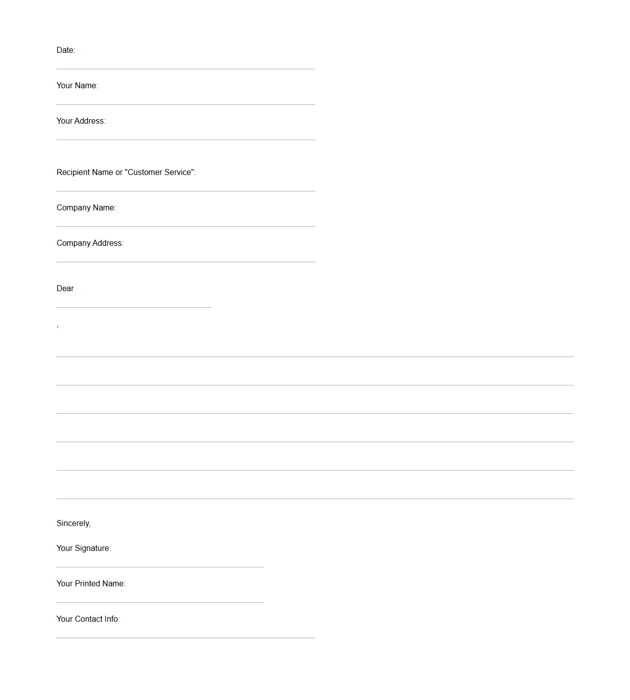 Blank Customer Service Complaint Letter Template