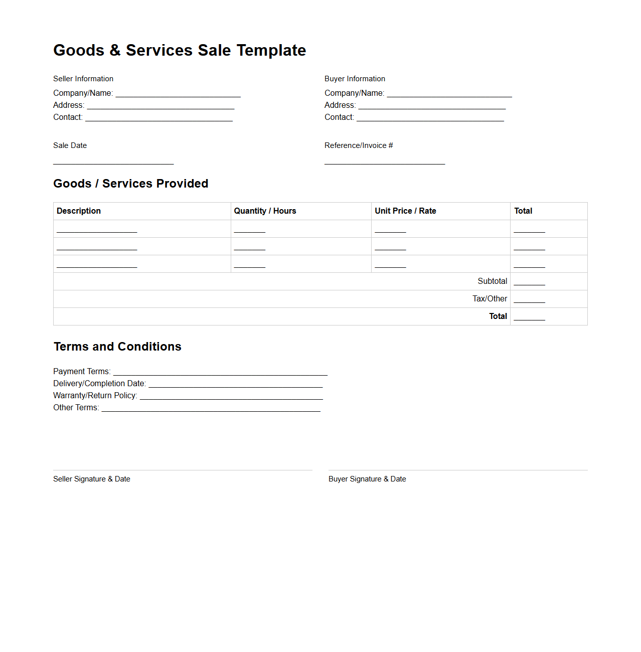Blank Customizable Goods and Services Sale Template