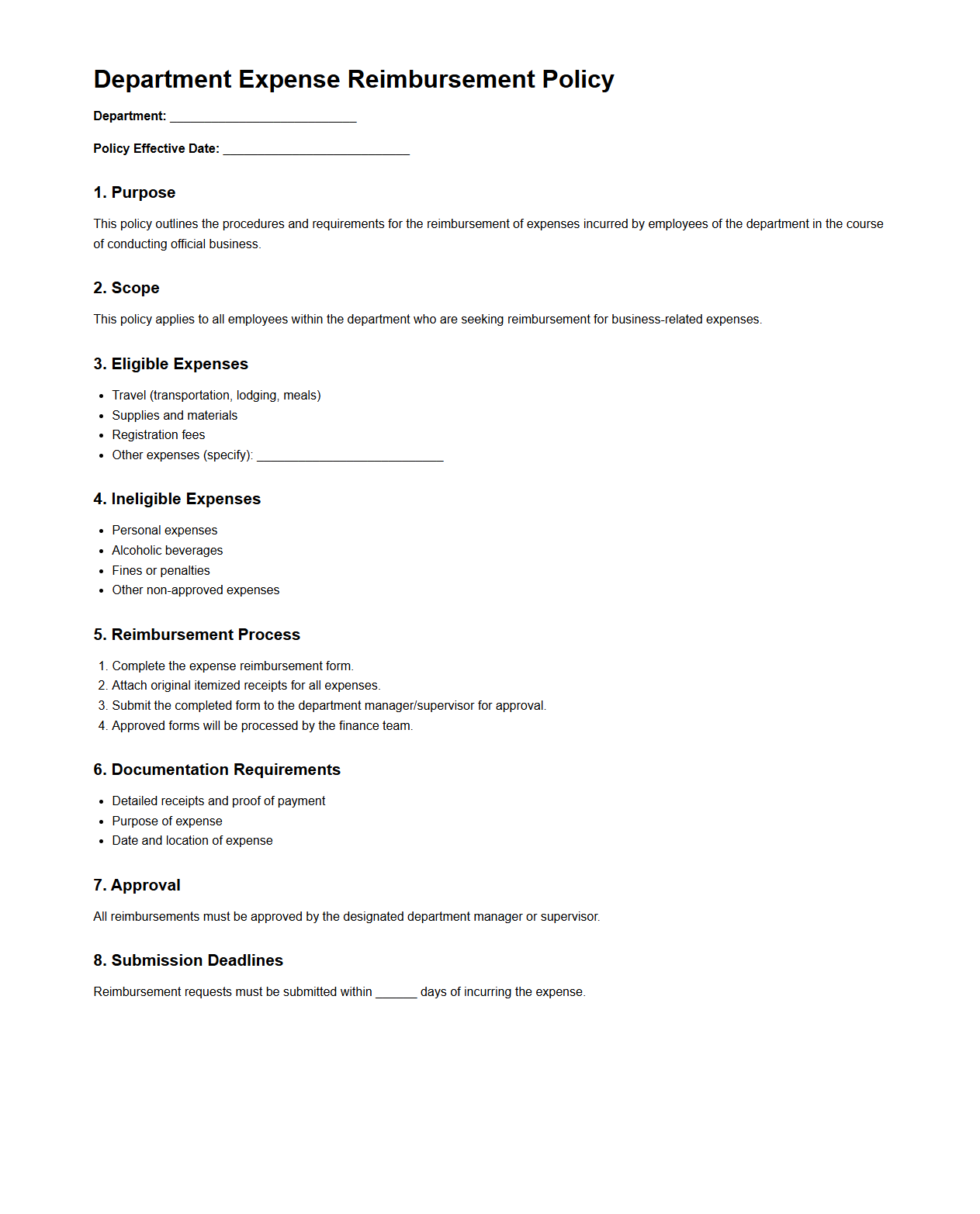 Blank Department Expense Reimbursement Policy Template