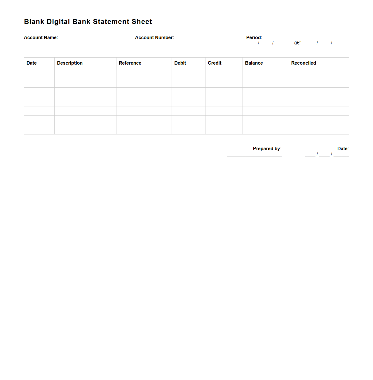 Blank Digital Bank Statement Sheet for Reconciliation