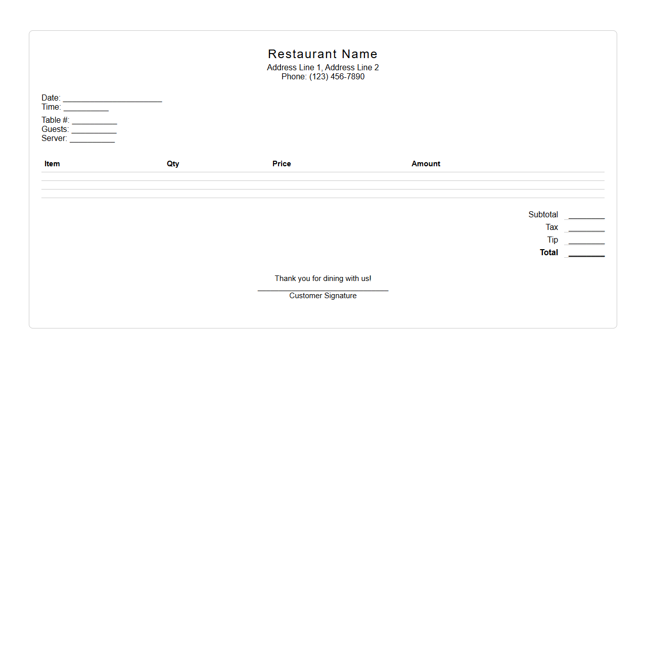 Blank Dine-In Restaurant Receipt Template
