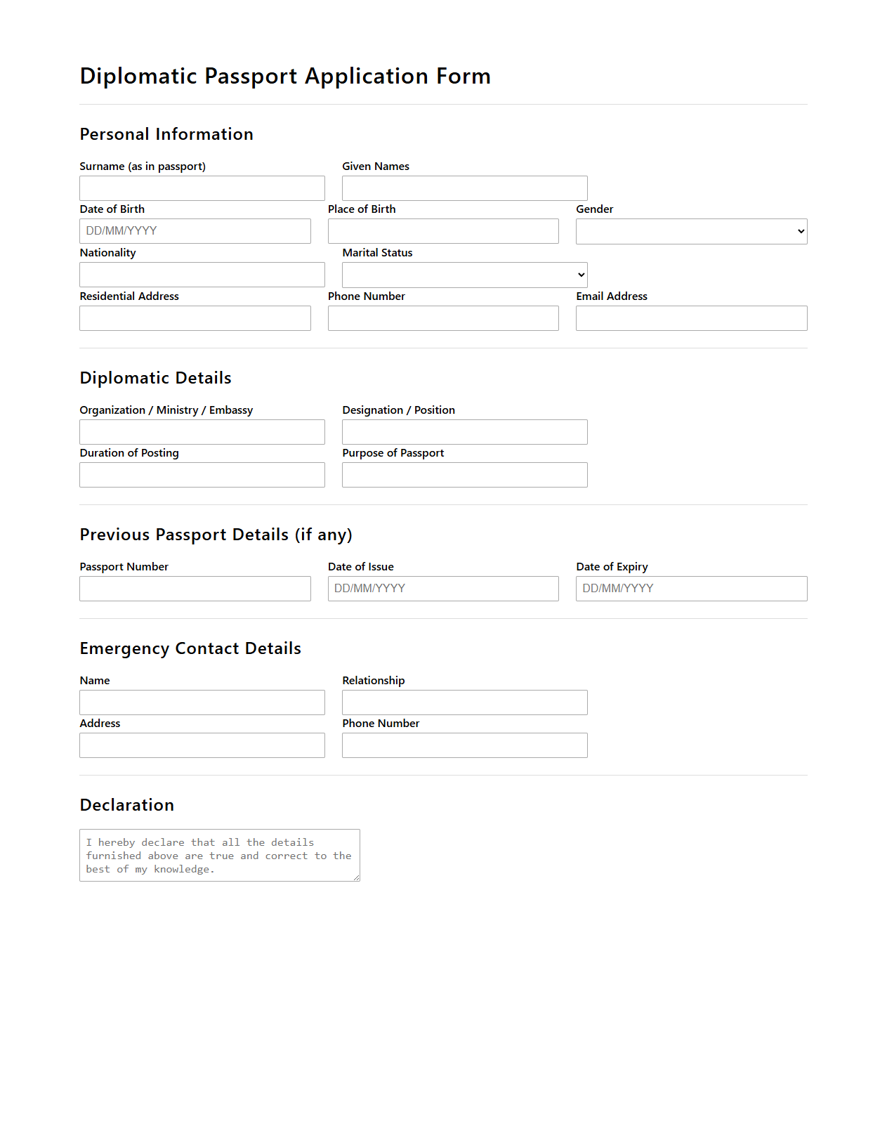 Blank Diplomatic Passport Application Template