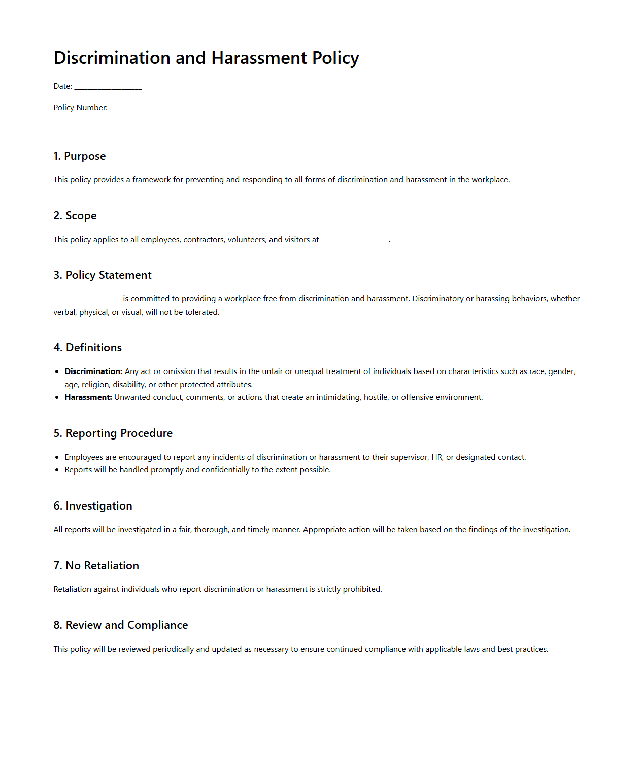 Blank Discrimination and Harassment Policy Template