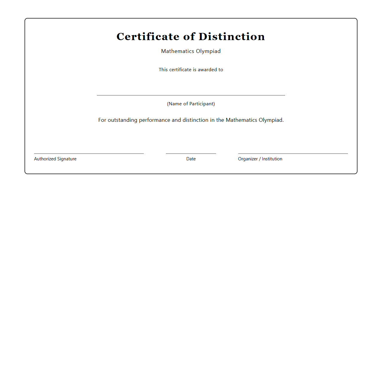 Blank Distinction Certificate Template for Mathematics Olympiads