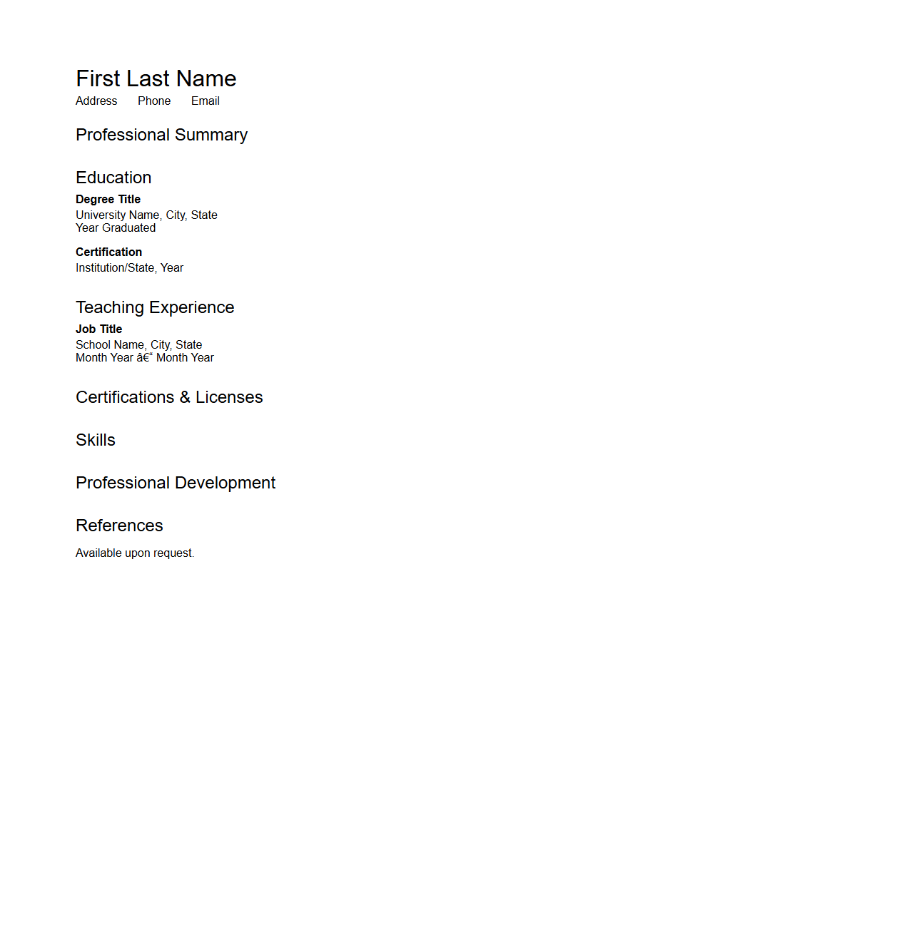 Blank Elementary School Teacher Resume Template