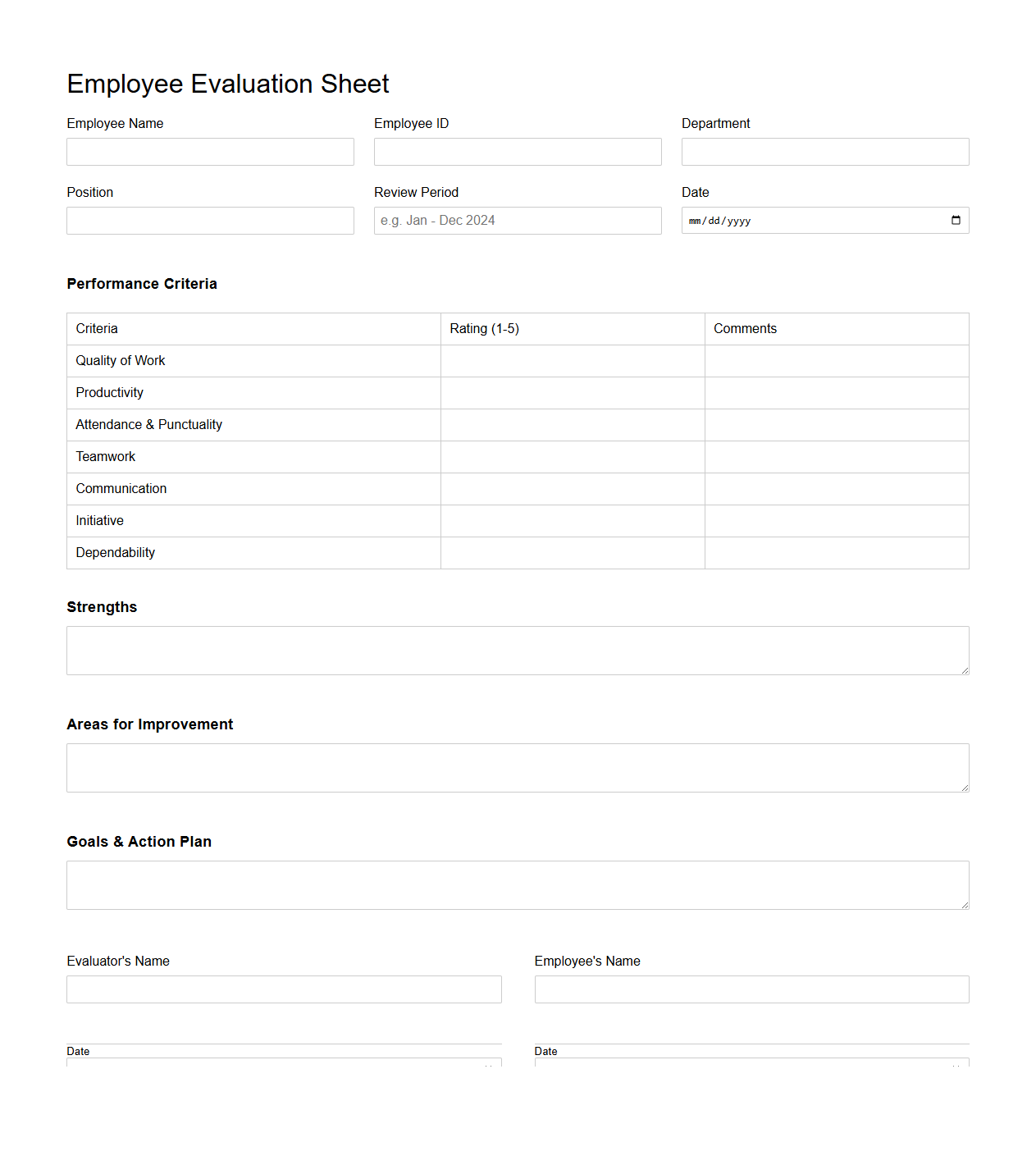 Blank Employee Evaluation Sheet Template