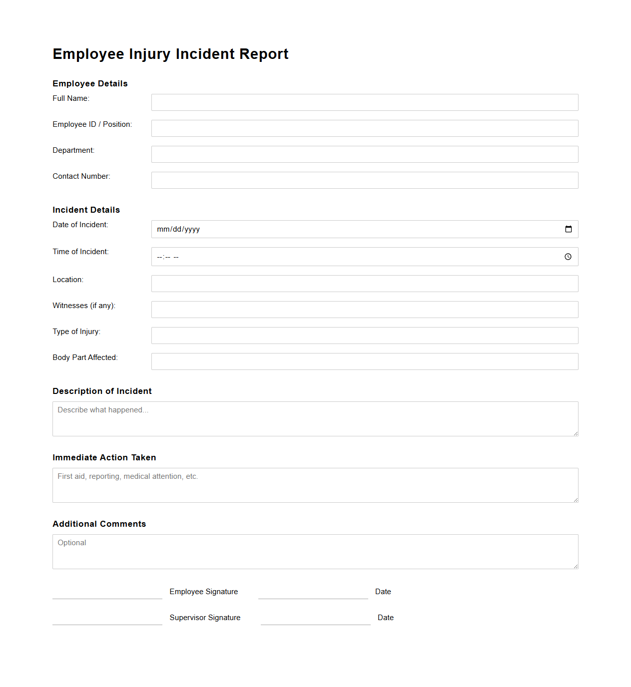 Blank Employee Injury Incident Report Template
