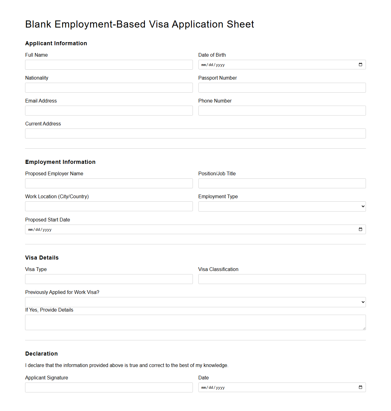 Blank Employment-Based Visa Application Sheet