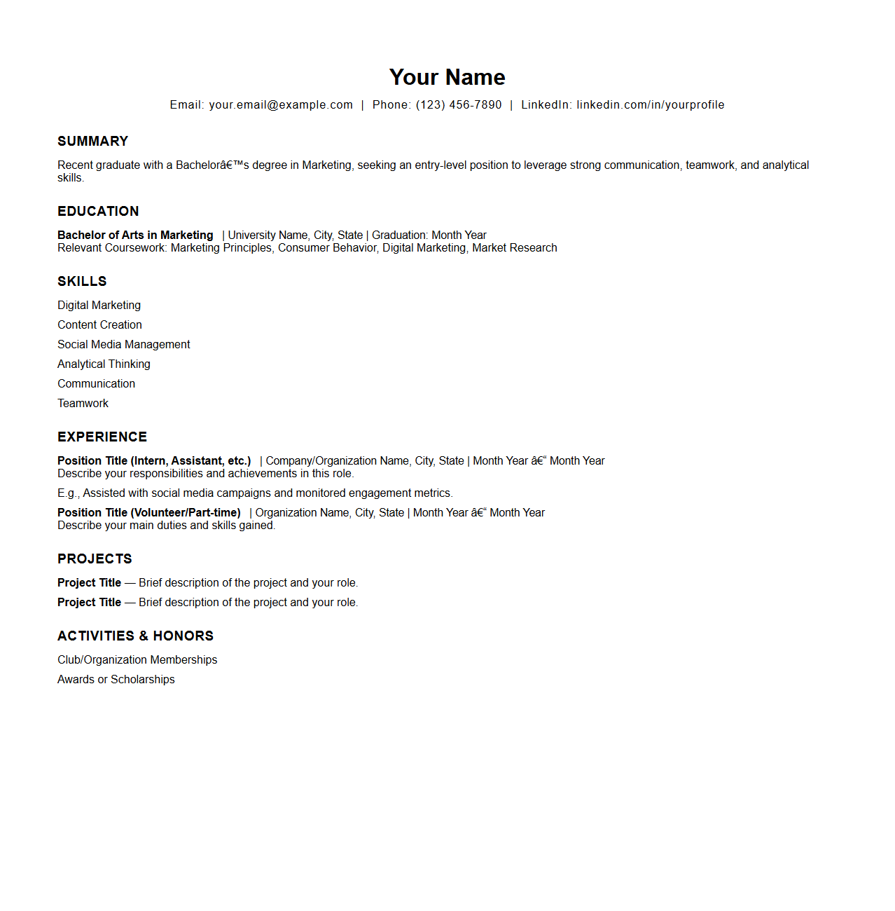 Blank Entry-Level Marketing Resume Template for Recent Graduates