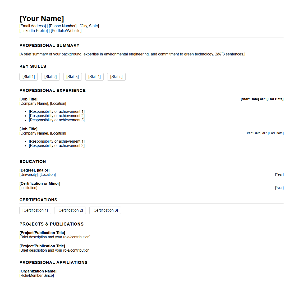 Blank Environmental Engineering Resume Template for Green Technology Experts