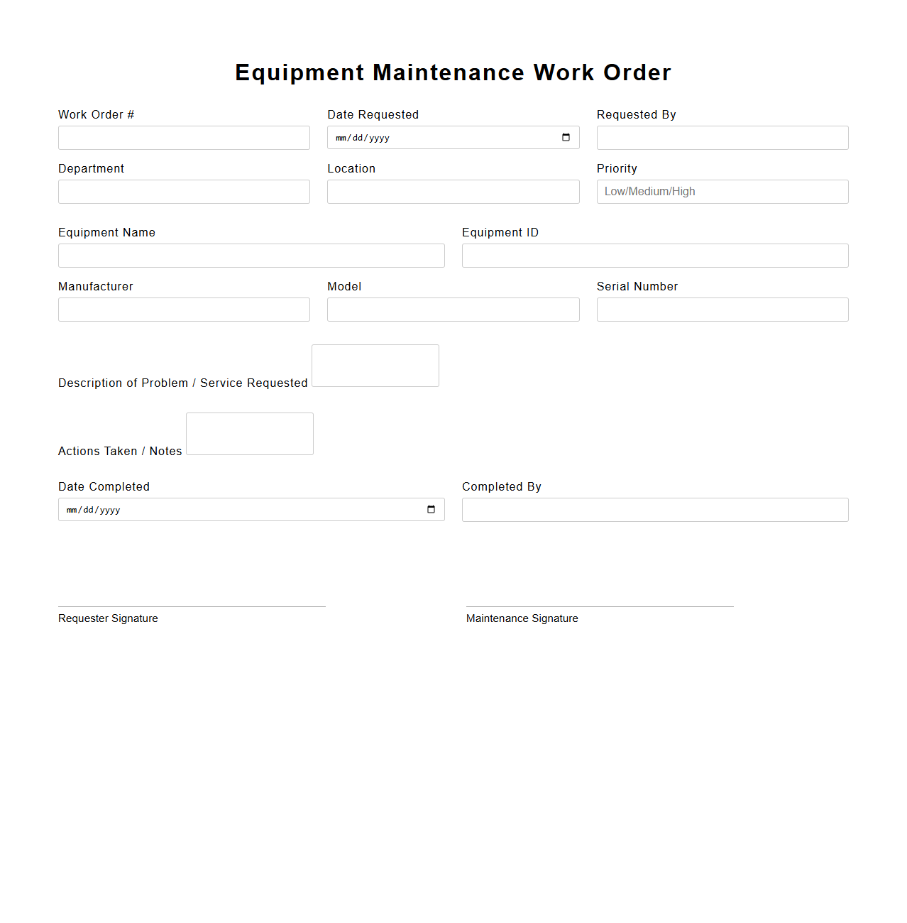 Blank Equipment Maintenance Work Order Template