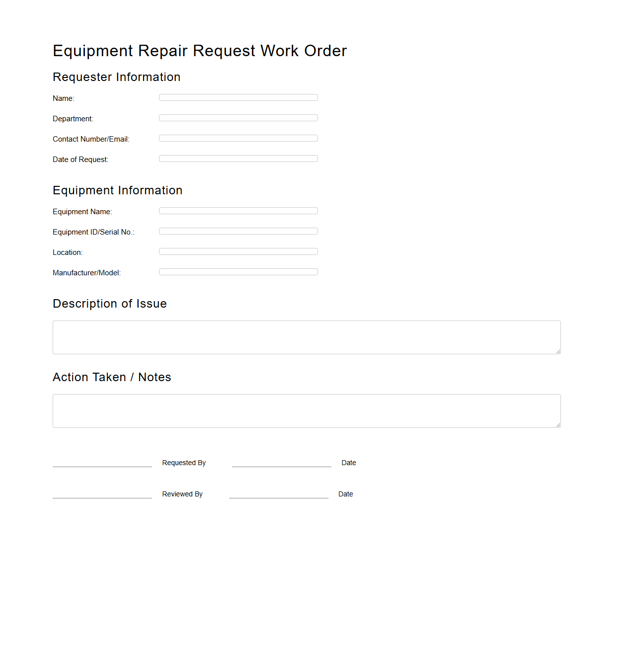 Blank Equipment Repair Request Work Order Template